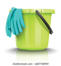 3d realistic vector plastic bucket with rubber gloves for cleaning. Isolated on white background illustration icon.