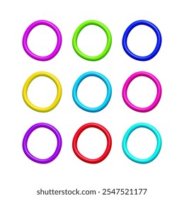 3D Realistic Vector Plastic Circles Set Collection Rings in Different Vibrant Colors Isolated on white background