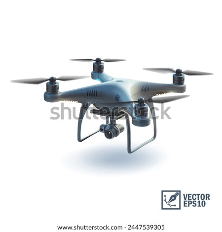 3D Realistic vector quadcopter with a portable camera on a blue background, delivery of a cardboard box drone by air