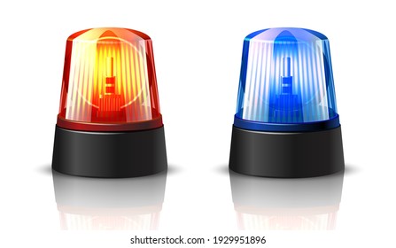 3d realistic vector red and blue police car top light glowing on white background. svg