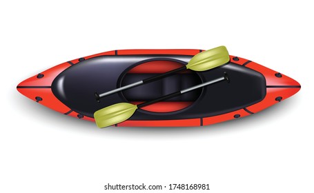 3d realistic vector red raft with yellow oars in top view. Isolated on white background.