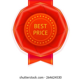 3D realistic vector red ribbon award with stars. Warranty rosette emblem isolated on white background. Champion Medal. Product label