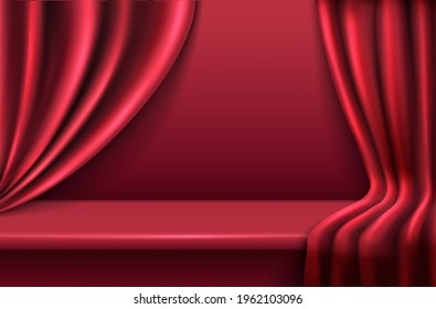 3d realistic vector red velvet background with wavy drapery curtains.