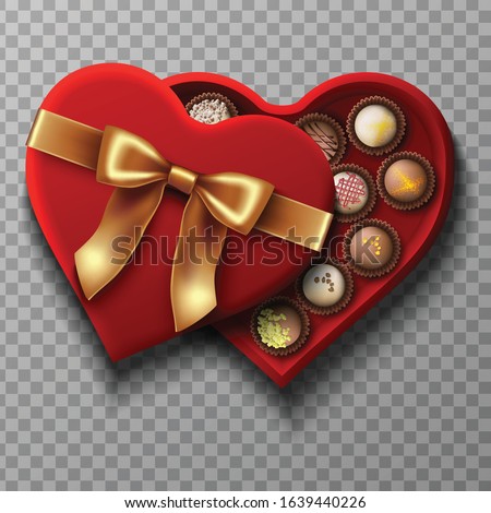 3d realistic vector red velvet candy open box with golden bow in heart shape with collection of different chocolate candies in dark and white chocolate. Isolated illustration icon. Top view.