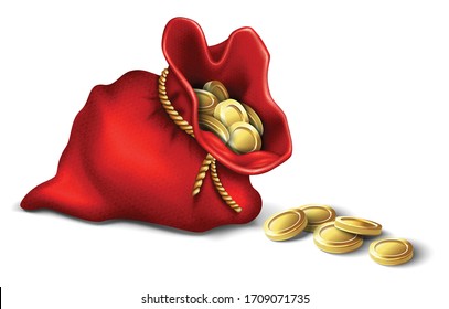 3d realistic vector red vintage bag wallet with golden coins. Isolated on white background icon.