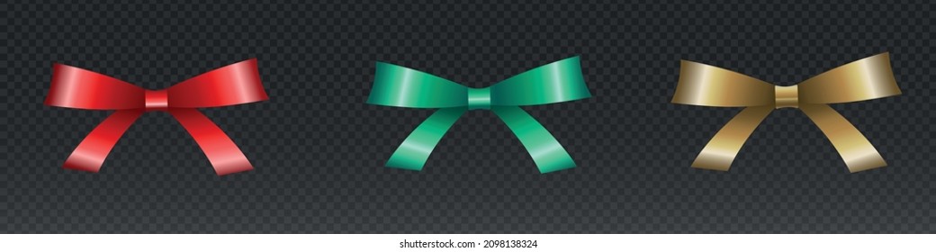 3D Realistic Vector Ribbon Bows in  Green Red and Golden Colors. Isolated Design Elements. 
