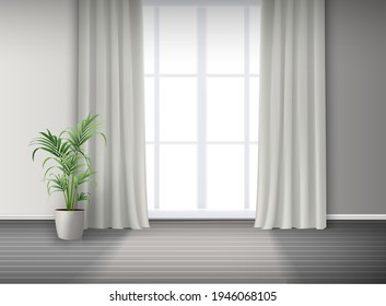 3d realistic vector room interior with big window with light and curtains and potted plant on the floor.