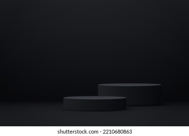 3D realistic vector round scene on a dark background. Black podium for presentations.