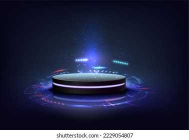 3d realistic vector round stage on dark background. Sci-fi glowing tech stage.