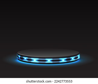 3d realistic vector round stage on dark background. Sci-fi glowing tech stage.