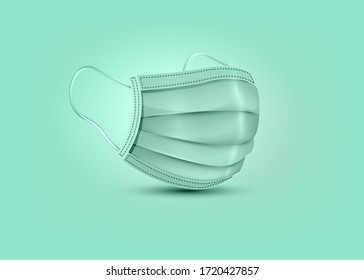 Máscara respiratoria de seguridad vectorial 3d realista, mascarilla facial respiratoria de la respiración hospitalaria. Protección Covid-19. Máscara quirúrgica aislada sobre fondo verde 