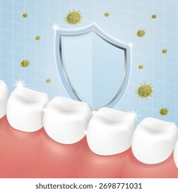Cena de vetor realista 3D. Um escudo de ficção científica protege os dentes molares saudáveis e cintilantes de vírus ou bactérias. Simboliza proteção antibacteriana de pasta de dente, enxaguante bucal ou esmalte.