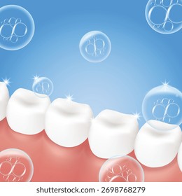 Cena de vetor realista 3D. Espumantes e espuma limpam dentes molares saudáveis e gengivas. Simboliza ação de pasta de dente, limpeza profunda ou branqueamento. Conceito de higiene oral.