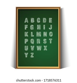 3d realistic vector school green charcoal board for writing with hand drawn alphabet. Isolated on white background.
