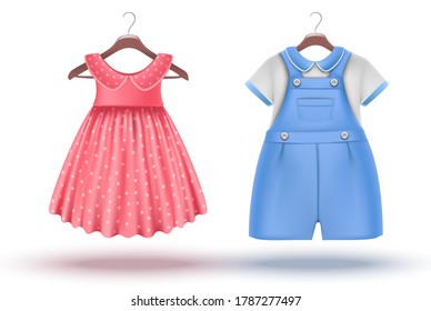 3d Realistic Vector Set Of Baby Girl And Baby Boy Clothes On A Hanger. Pink Dress And Blue Romper. Isolated On White Background.