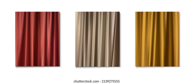 3d realistic vector set  background. Golden, red and bronze flowing satin fabric texture.