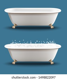 3d realistic vector set bathtub with soap bubbles ans shampoo foam.