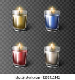 3d realistic vector set of candles in glass cup in red, white, blue and orange colors, isolated.