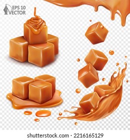 3D realistic vector set of a caramel pieces falling into a crown splash . Melting caramel slice in liquid sauce. Dripping caramel and toffee candies
