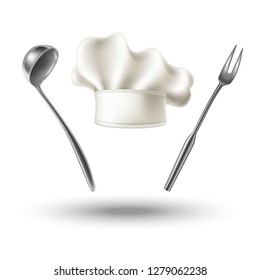 3d Realistic Vector Set Of Chef Hat, Meat Fork And Metal Scoop For Soup.