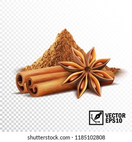 3d realistic vector set of cinnamon sticks, anise stars and a pile of cinnamon