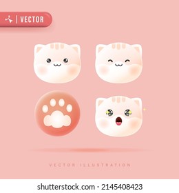 3D Realistic Vector Set Of Cute Cartoon Cat Icons with Various Facial Expression Isolated in Peach Background. Simple and Minimal Cat Face Icon Set