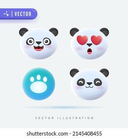 3D Realistic Vector Set Of Cute Cartoon Little Panda Icons with Various Facial Expression Isolated in White Background. Simple and Minimal Panda Cub Face Icon Set