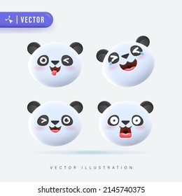 3D Realistic Vector Set Of Cute Cartoon Little Panda Icons with Various Facial Expression Isolated in White Background. Simple and Minimal Panda Cub Face Icon Set