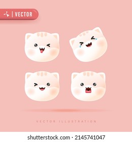 3D Realistic Vector Set Of Cute Cartoon Cat Icons With Various Facial Expression Isolated In Peach Background. Simple And Minimal Kitty Face Icon Set