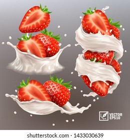 3D realistic vector set of different splashes of milk or yogurt with whole and halved strawberry pieces