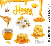 3d realistic vector set with honey, pieces of honeycomb, flying bee, chamomile flowers, propolis, flowing liquid on a stick, puddles and drops of honey, an text inscription in the form of a beehive