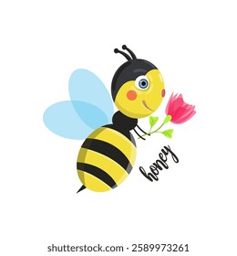 3d realistic vector set with honey, pieces of honeycomb, flying bee, chamomile flowers, propolis, flowing liquid on a stick, puddles and drops of honey, an text inscription in the form of a beehive