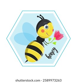 3d realistic vector set with honey, pieces of honeycomb, flying bee, chamomile flowers, propolis, flowing liquid on a stick, puddles and drops of honey, an text inscription in the form of a beehive