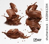 3D realistic vector set, horizontal and vertical splash of chocolate, cocoa or coffee, pieces of chocolate bar, swirl and drop