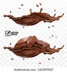 Conjunto de vetores realistas 3D, respingo horizontal de chocolate, cacau ou café, pedaços de barra de chocolate