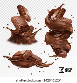 3D реалистичный векторный набор, горизонтальный и вертикальный всплеск шоколада, какао или кофе, кусочки шоколадной плитки, вихрь и капля
