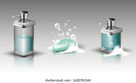 3d realistic vector set of icons liquid soap bottles and soap bar with foam and bubbles. Isolated illustration.