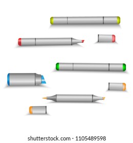 3d realistic vector set illustration of different size and shape school design markers.