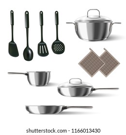 3d realistic vector set of kitchen appliances.  Flipper, strainer, spatula, ladle, pots with cover, pans.