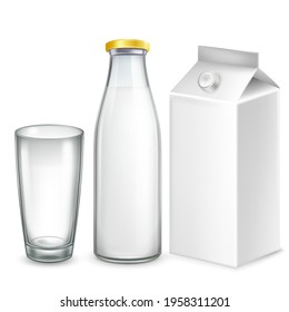 3d realistic vector set of milk. k, bottle and glass of milk