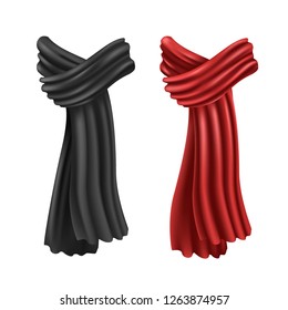 3d realistic vector set of red and black silk neck scarfs.