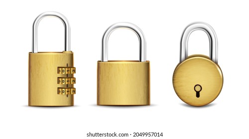 3d realistic vector set of round, square  golden padlock open and closed. 