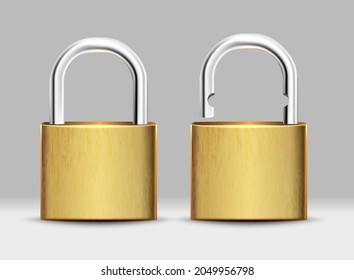 3d realistic vector set of square golden padlock open and closed. 