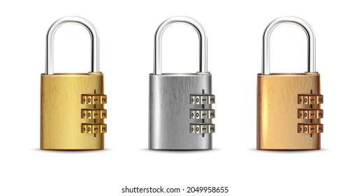 3d realistic vector set of square golden, silver, bronze padlock open and closed. 
