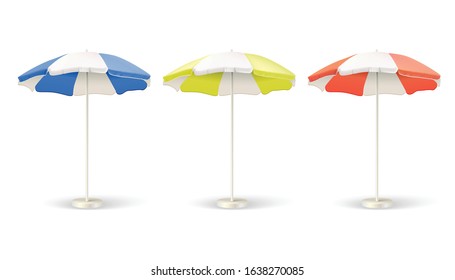 3d realistic vector set of sun shade parasols, umbrellas in red, yellow and blue color. Isolated icon on white background.