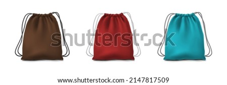3d realistic vector set of three sport backpacks in brown, red and blue color.