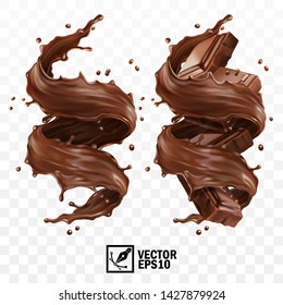 3D Realistic Vector Set, Vertical Splash Of Chocolate, Cocoa Or Coffee, Pieces Of Chocolate Bar, Swirl