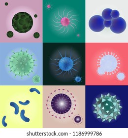 3D realistic vector set viruses and bacteria. Viruses and bacteria under microscope. Concept Infected and Illness cell, disease-causing microorganism.