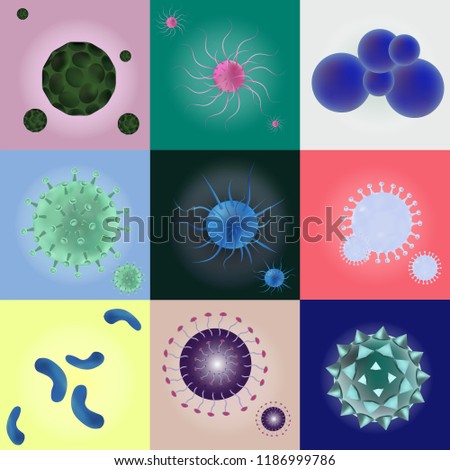 3D realistic vector set viruses and bacteria. Viruses and bacteria under microscope. Concept Infected and Illness cell, disease-causing microorganism.