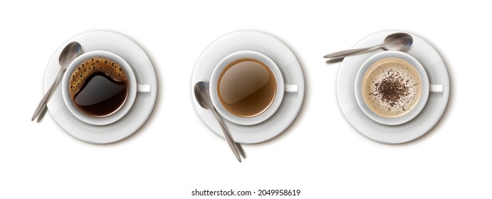 3d realistic vector set of white coffee cups for cafe and restaurant drink menu, americano, cappuccino, black coffee.